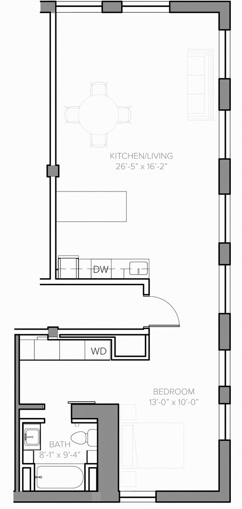 Floor plan for 1 bed, 1 bath, 756 sqft
